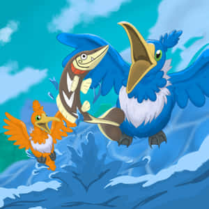 三隻色彩繽紛的卡通鳥在藍天下飛越海浪。 — 魚 GIF 壁紙