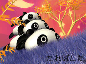 三隻卡通熊貓在粉紅色夕陽天空下堆疊在紫色草地上。 — 可愛熊貓 壁紙