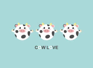 三隻微笑的卡通牛，帶有黑色斑點和黃色角，漂浮並帶有文字 cow love。 — 可愛的牛 壁紙