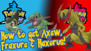 三隻寶可夢 Axew、Fraxure 和 Haxorus 在藍紅背景上帶有文字。 — 寶可夢 壁紙
