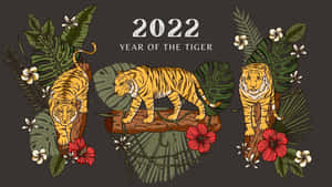 三隻插圖老虎在熱帶樹葉和花朵中，附有文字2022虎年。 — 小老虎 壁紙