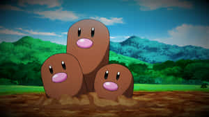 三隻 Diglett 寶可夢在森林景觀中從泥土中出現。 — 寶可夢 壁紙