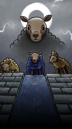 三隻卡通羊在滿月下的雨中石徑上。 — 色違超夢 壁紙