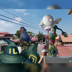 三隻寶可夢角色站在屋頂上，俯瞰著一條住宅街道。 — 寶可夢 壁紙