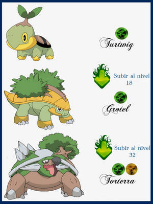 三隻草屬性寶可夢進化形態 Turtwig Grotel 和 Torterra 附有西班牙語升級文字。 — 草地 壁紙