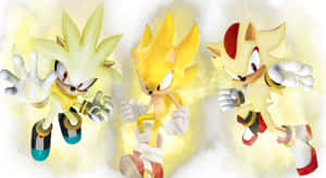 三隻金色刺蝟角色以動作姿勢呈現，帶有發光的能量效果。 — 索尼克 壁紙