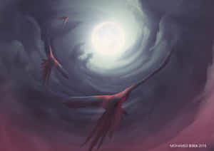 三隻紅翼鳥在發光的滿月周圍盤旋的風暴雲中飛翔。 — 美學月亮 壁紙