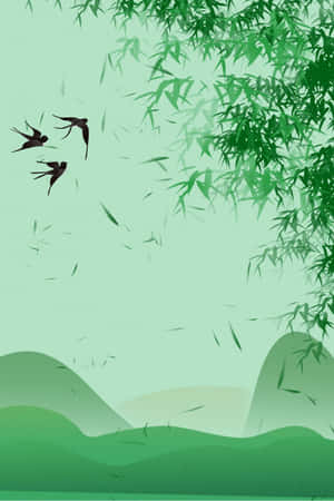 三隻鳥在竹枝下飛過綠色山丘。 — 植物美學 壁紙