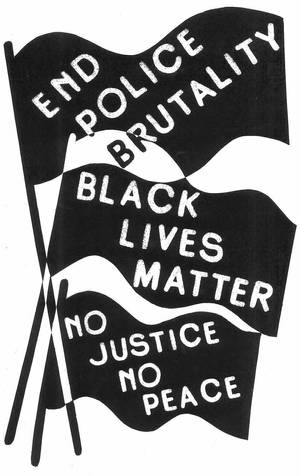 三面抗議旗幟，上面寫著「End Police Brutality Black Lives Matter No Justice No Peace」的訊息。 — 黑色 壁紙