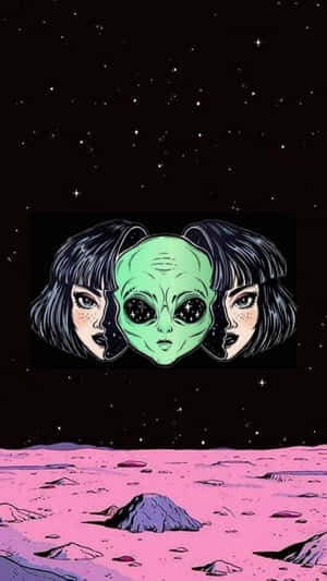 三頭外星人，擁有人的面孔，在星空下的粉紅色外星行星上。 — 垃圾美學 壁紙