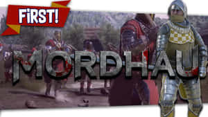 中世紀騎士戰鬥中，遊戲標題 MORDHAU 疊加。 — 電玩遊戲 GIF 壁紙