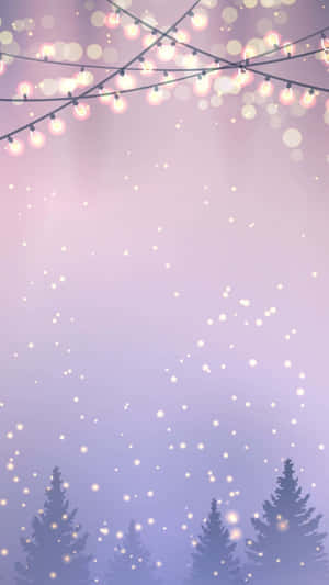 串燈在雪景暮色場景中於松樹上方發光。 — 可愛聖誕節 壁紙