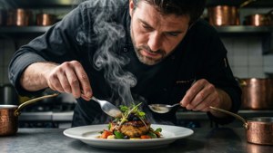 廚師在專業廚房擺盤冒煙的美食佳餚 — 人物 壁紙