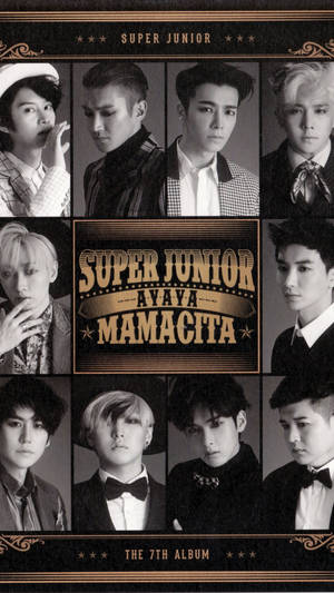 Super Junior專輯封面，九位成員身穿正裝，配有金色文字。 — Super Junior 壁紙