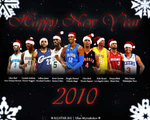 九位NBA球員身穿球隊制服，戴著聖誕帽慶祝2010年新年。 — 籃球 壁紙