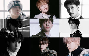 九位K-pop偶像的黑白工作室肖像，穿著時尚服裝，表情嚴肅。 — Nct 127 壁紙
