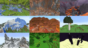 九個Minecraft方塊風景，包括森林、山脈、沙漠和蘑菇樹。 — 我的世界迷因 壁紙