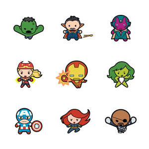 九個Q版Marvel超級英雄以色彩繽紛的卡通姿勢呈現。 — 漫威復仇者聯盟 壁紙