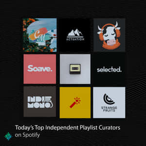黑色波浪背景上九個獨立音樂播放清單策展人標誌的網格，帶有Spotify文字。 — Spotify 壁紙