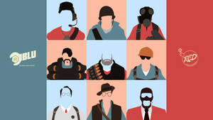 九個插圖化的《Team Fortress 2》士兵，身穿 BLU 和 RED 隊伍制服。 — Tf2 壁紙