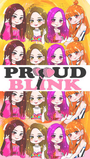 九個動漫女孩，頭髮色彩繽紛，在「PROUD BLINK」文字周圍微笑。