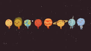 九個有臉和四肢的可愛卡通行星漂浮在太空中。 — 星際效應 壁紙