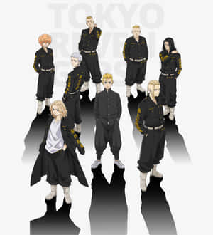 九個身穿黑色制服、帶有金色字樣的動漫角色站成一組。 — 榮耀Magic V6 壁紙