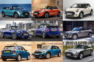 九輛不同顏色和型號的Mini Cooper汽車在城市和道路環境中展示。 — 拼貼 壁紙