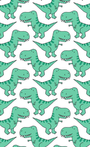 青綠色卡通T-Rex恐龍在白色背景上形成重複圖案。 — 可愛的恐龍 壁紙