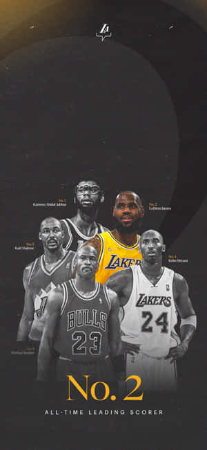 五位被評為歷史得分榜第二的NBA傳奇，身穿球隊球衣，帶有「No. 2 All-Time Leading Scorer」文字。 — Galaxy S26 壁紙