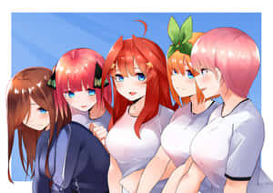 五位動畫女孩，擁有色彩繽紛的頭髮和藍色眼睛，穿著休閒襯衫一起擺姿勢。 — 動畫卡通 壁紙