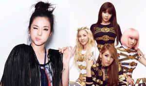 五位時尚女性穿著大膽的黑色和金色服裝在攝影棚中擺姿勢。 — 2NE1 壁紙