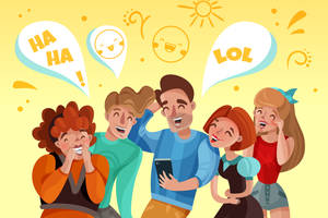 五位朋友在黃色背景前，一起歡笑，對話氣泡顯示「HA HA！」和「LOL」。 — 人物 壁紙