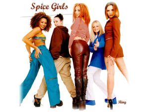 五位Spice Girls穿著色彩繽紛的90年代服裝為宣傳照擺姿勢。 — 辣妹合唱團 壁紙