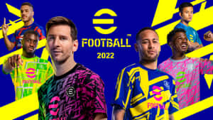 五位足球員身穿彩色球衣為 eFootball 2022 遊戲宣傳擺姿勢。 — 梅西 壁紙