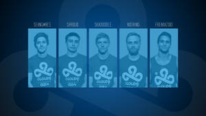 五位身穿Cloud9球衣的男性電競運動員，頭頂上方有名字。 — 雲九 壁紙