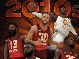 五位身穿紅白球衣的NBA全明星籃球運動員在火熱的橙色2010年代背景下。 — 科比 壁紙
