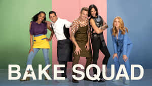 五位不同的廚師為 Bake Squad 節目擺姿勢，帶有粗體文字。 — iMac 壁紙