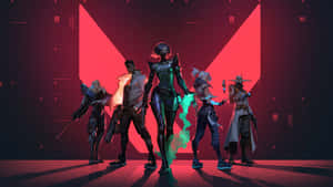五個風格化的未來角色，穿著 cyberpunk 裝備，帶有發光效果。 — 玩家 壁紙