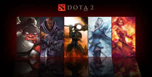 五個身穿奇幻盔甲的 Dota 2 英雄，在深紅色背景下各自散發著元素力量的光芒。 — 刀塔2 壁紙