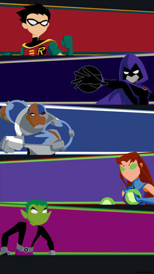 五個 Teen Titans 角色在色彩繽紛的面板中，各自擺出英雄姿勢。 — 傳說對決英雄 壁紙