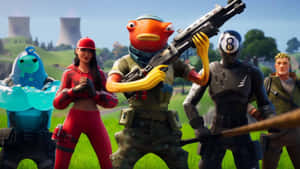 五個Fortnite遊戲角色在戶外擺姿勢，背景有核電廠。 — 魚棒 Fortnite 壁紙