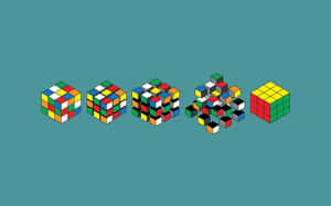 五個魔術方塊以不同已解和未解狀態顯示在青綠色背景上。 — 酷炫遊戲 壁紙
