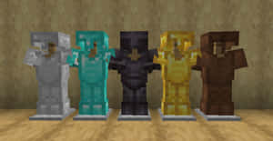 五個不同顏色的 Minecraft 盔甲架放在木地板上，背景是石牆。 — 我的世界 壁紙