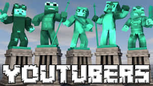 五個Minecraft殭屍雕像放在底座上，帶有「YOUTUBERS」文字。 — 可愛 Minecraft 壁紙