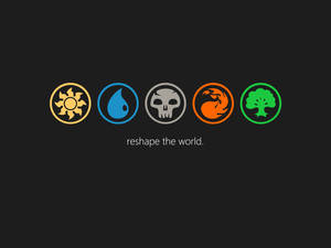 五個發光的元素圖標 太陽 水 頭骨 火 樹 在黑色背景上，帶有文字 reshape the world。 — 魔法動圖 壁紙