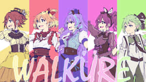 五個動漫角色穿著協調的服裝，站在彩虹色面板前，帶有'WALKURE'文字。 — 動漫戰鬥 壁紙