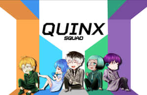 五個Q版動漫角色坐在色彩繽紛的幾何圖案面板上，帶有「QUINX SQUAD」文字。 — 澤爾德里斯 壁紙