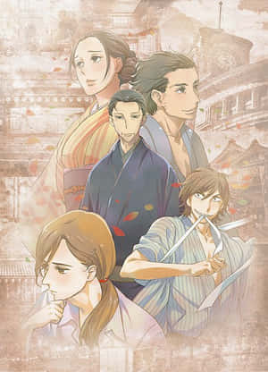 五個動漫角色穿著傳統日本服飾，周圍有秋天的落葉飄落。 — Kindle 壁紙