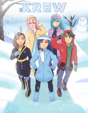 五個動漫角色穿著冬季衣服站在雪中，旁邊有雪人。 — The Krew 壁紙